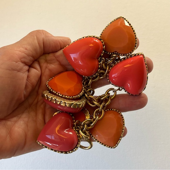 Betsey Johnson Jewelry - Retired BETSEY JOHNSON Chunky Puffy Heart Charm BJ Bracelet Pink Orange Gold 7”